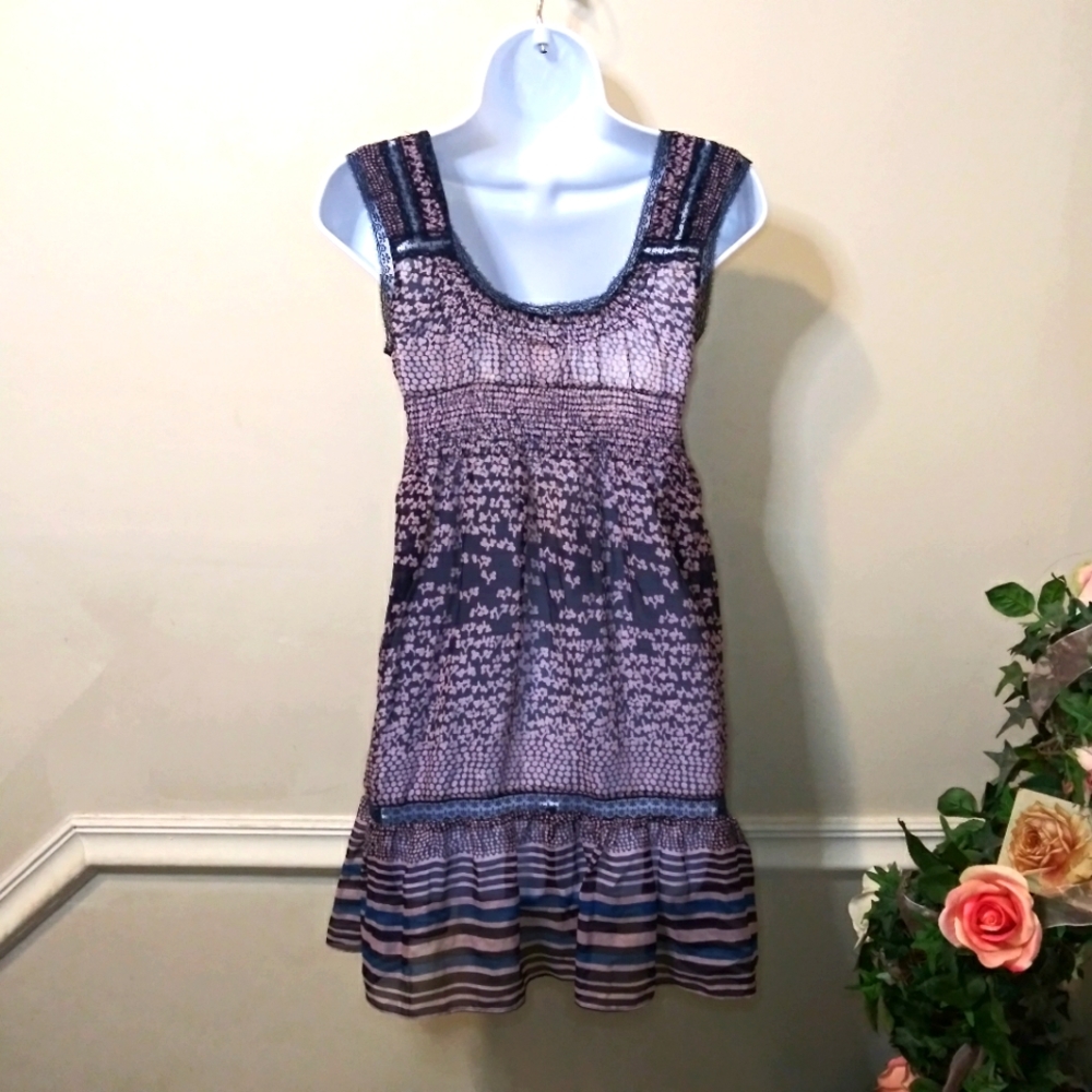 Vintage Free People Boho Mauve & Blue Silk Blend Baby Doll Style Dress - Picture 6 of 12